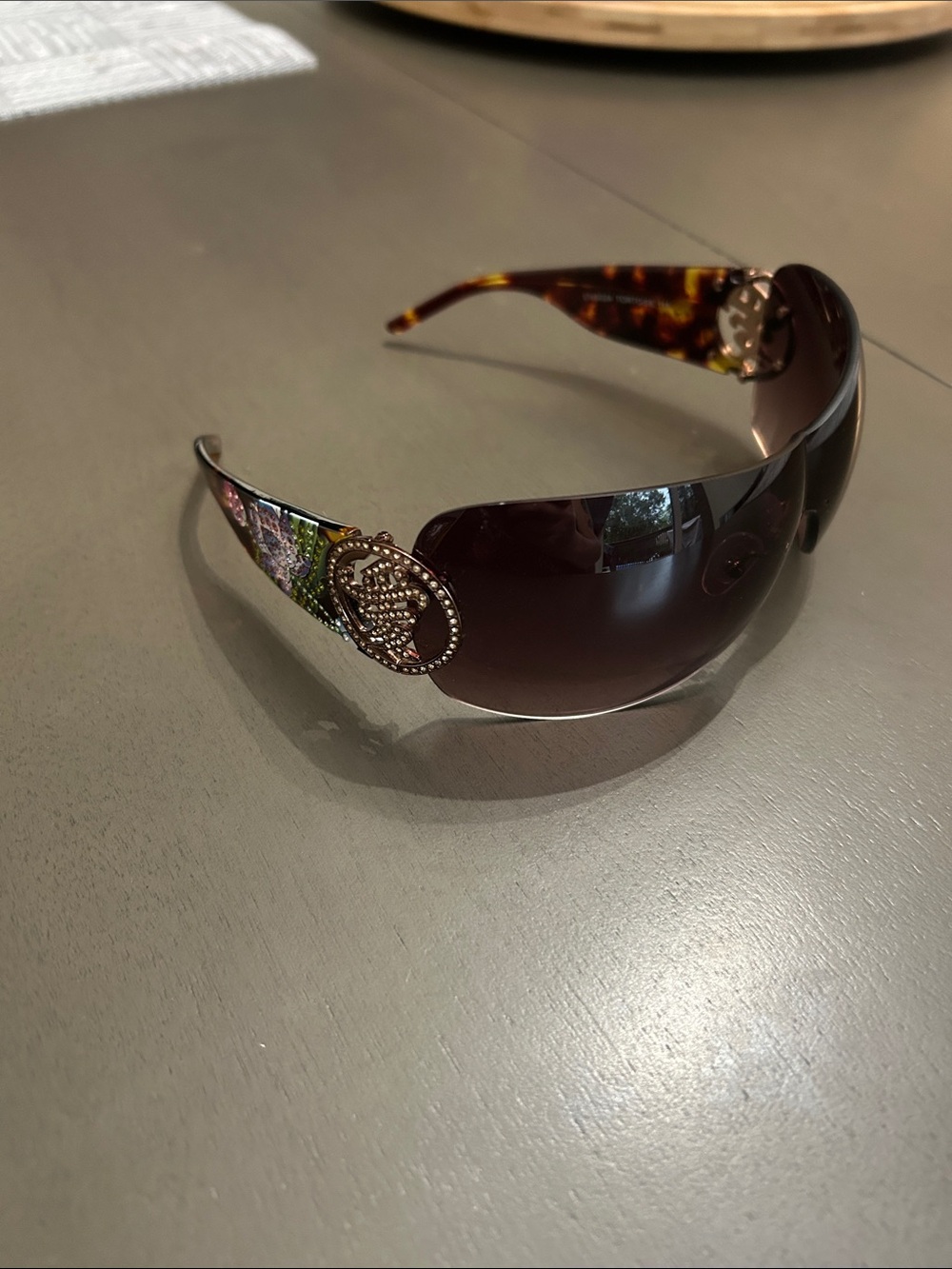 Ed Hardy Brown Gradient Shield Sunglasses w Crystal love symbol Temples